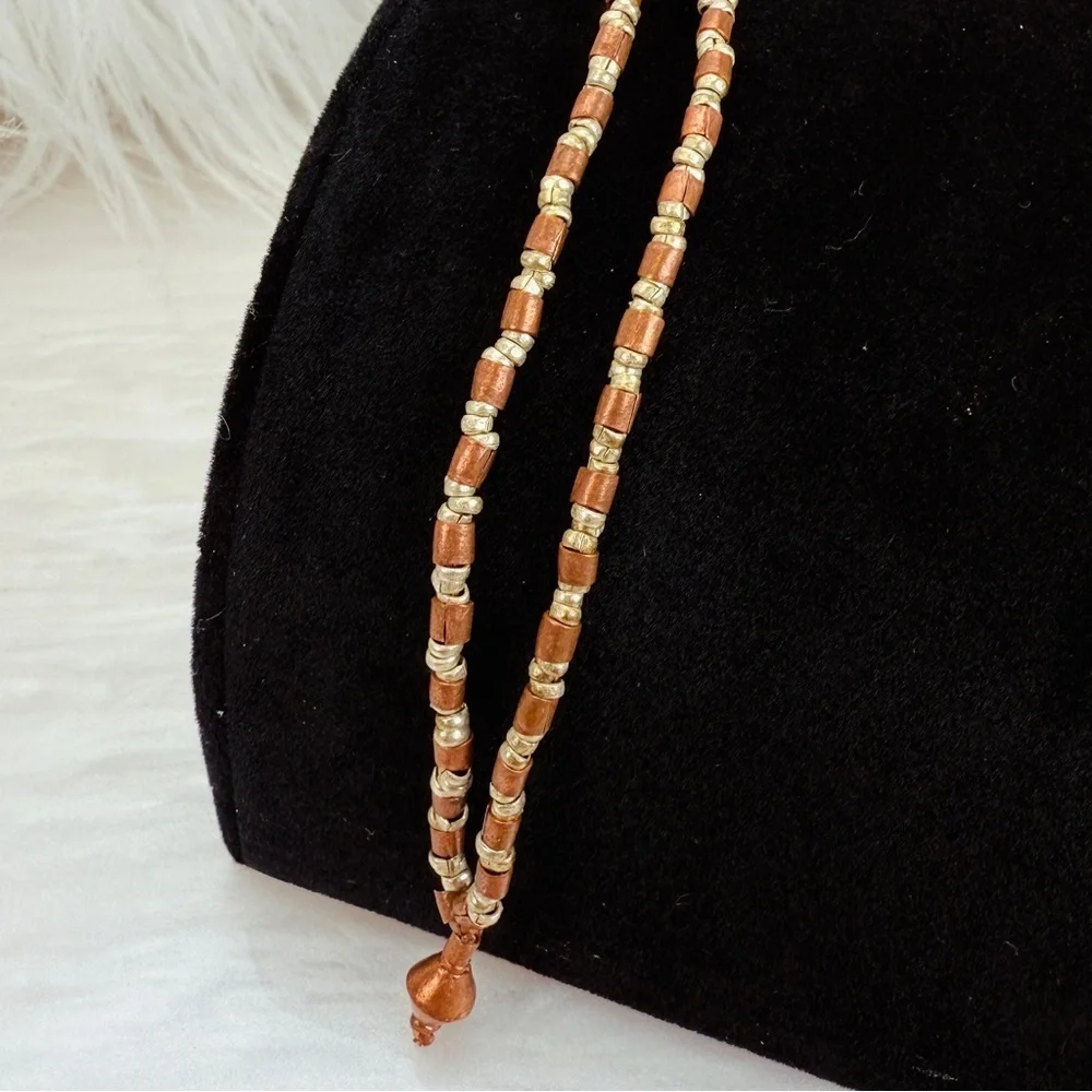 Vintage Double Strand Copper Silver Finish Beaded Necklace Mixed Metal Boho